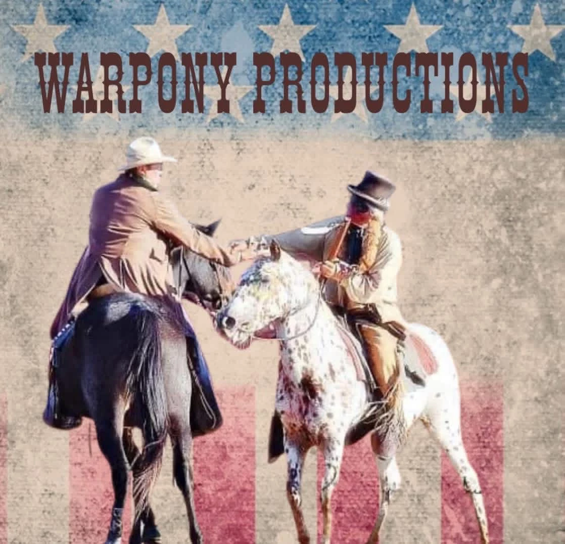 Two mounted performers shaking hands beneath Warpony Productions artwork